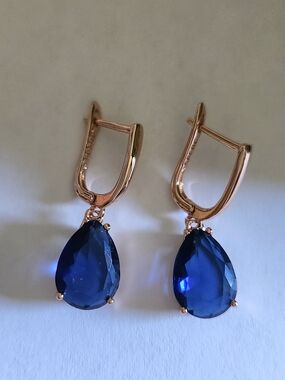 New 14K Gold Plated Pear Cut Blue Sapphire Dangle Drop Hoop Earrings for Women